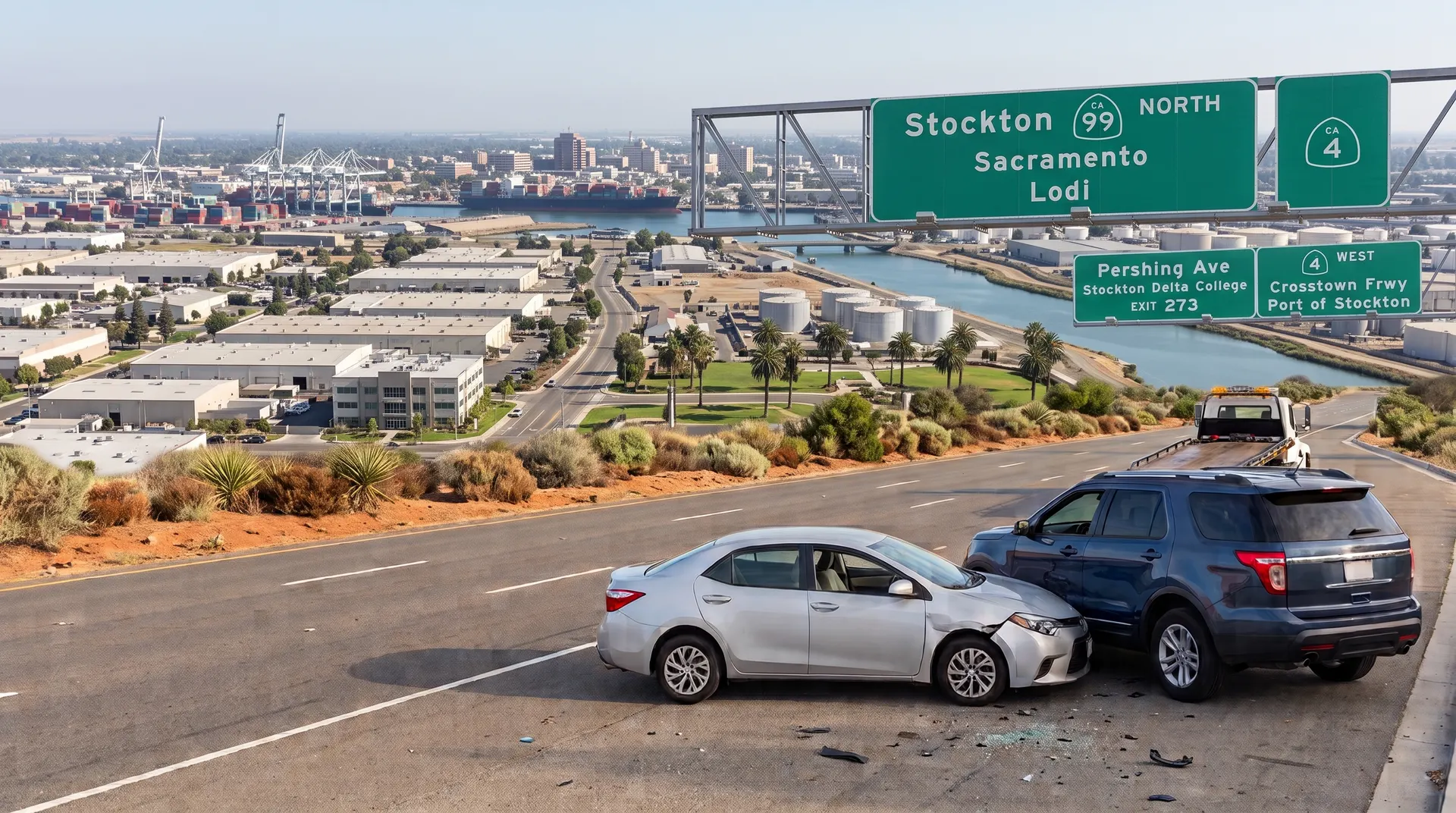 Two-car crash on a Stockton, California freeway near the Port of Stockton